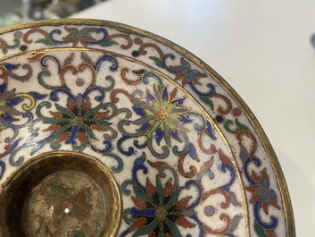 A Chinese cloisonn&eacute; two-handled 'lotus scroll' cup on stand, 18/19th C.