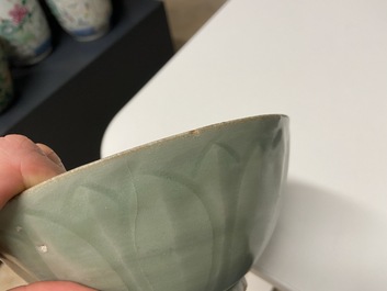 Three Chinese celadon-glazed 'lotus' bowls, Song