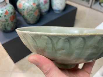 Three Chinese celadon-glazed 'lotus' bowls, Song