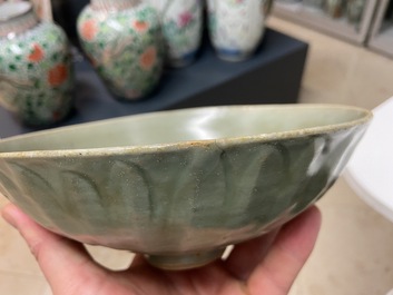 Three Chinese celadon-glazed 'lotus' bowls, Song