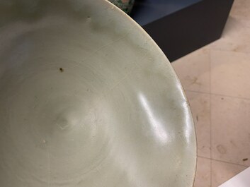 Three Chinese celadon-glazed 'lotus' bowls, Song