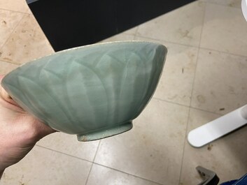 Three Chinese celadon-glazed 'lotus' bowls, Song