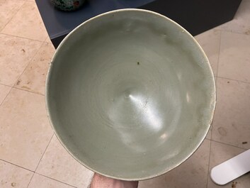 Three Chinese celadon-glazed 'lotus' bowls, Song