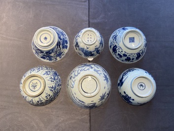 Six Chinese blue and white bowls, Transitional period and Kangxi