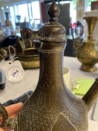 A Tibetan brass ewer, an alms bowl and an Indian bronze ewer, 18/19th C.