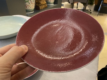 A pair of Chinese monochrome ruby red plates, Jiaqing mark and of the period