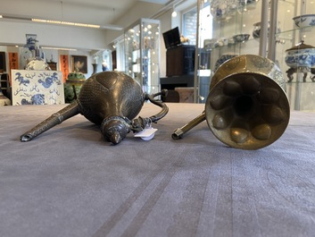 A Tibetan brass ewer, an alms bowl and an Indian bronze ewer, 18/19th C.