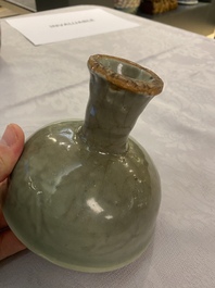 A Chinese Longquan celadon stem cup with underglaze design, Ming