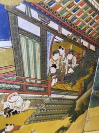 A Japanese painted six-panel 'Byobu' folding screen with playing boys, Edo, 18/19th C.