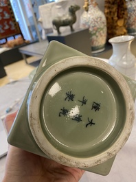 A Chinese celadon 'cong' vase with trigrams and a crackle-glazed vase, 19/20th C.