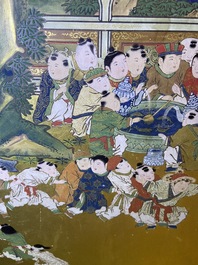Een Japans zesdelig beschilderd 'Byobu' scherm met spelende jongens, Edo, 18/19e eeuw