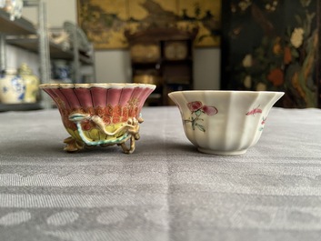 A lobed Chinese gilded famille rose 'lotus' cup and saucer and one depicting roosters, Yongzheng/Qianlong