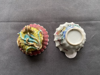 A lobed Chinese gilded famille rose 'lotus' cup and saucer and one depicting roosters, Yongzheng/Qianlong