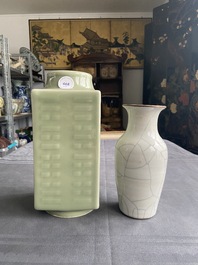 A Chinese celadon 'cong' vase with trigrams and a crackle-glazed vase, 19/20th C.