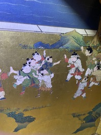 A Japanese painted six-panel 'Byobu' folding screen with playing boys, Edo, 18/19th C.