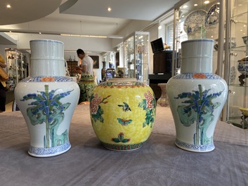 A pair of Chinese famille verte vases, a yellow-ground jar and a famille rose 'Wu Shuang Pu' bowl, 19th C.