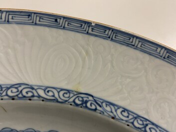 A Chinese blue and white 'Sanduo' dish and a 'Three friends of winter' dish, Kangxi &amp; Yongzheng