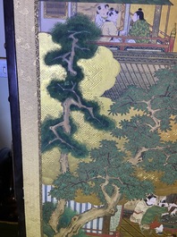 A Japanese painted six-panel 'Byobu' folding screen with playing boys, Edo, 18/19th C.