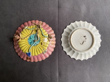 A lobed Chinese gilded famille rose 'lotus' cup and saucer and one depicting roosters, Yongzheng/Qianlong