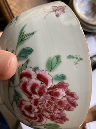 A varied collection of Chinese famille rose and grisaille cups and saucers and a 'rooster' bowl, Yongzheng/Qianlong