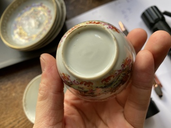 A varied collection of Chinese famille rose and grisaille cups and saucers and a 'rooster' bowl, Yongzheng/Qianlong