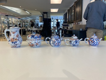 Three Chinese Imari-style teapots, a silver-mounted ewer and a covered bowl, Kangxi