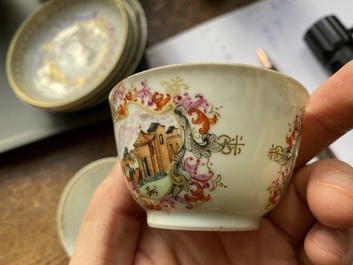 A varied collection of Chinese famille rose and grisaille cups and saucers and a 'rooster' bowl, Yongzheng/Qianlong