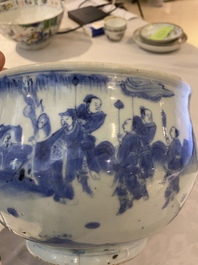 A Chinese blue and white censer with figures in a landscape, Transitional period