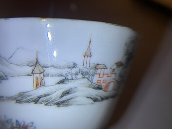 A fine Chinese famille rose 'romantic subject' cup and saucer, Qianlong