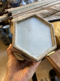 Two Chinese blue and white hexagonal hat stands with landscapes, 19th C.