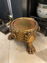 A Chinese yellow-ground famille verte 'dragons' fish bowl on gilded wooden stand, 19th C.