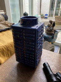 A Chinese monochrome blue 'cong' vase with trigrams, Guangxu mark, Republic