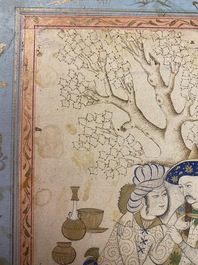 A Persian miniature on paper: 'Loving couple leaning against a tree', 18/19th C.