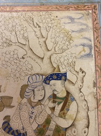 A Persian miniature on paper: 'Loving couple leaning against a tree', 18/19th C.