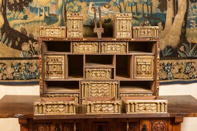 A Spanish walnut 'bargue&ntilde;o' cabinet with red velvet and bronze mounts, 17th C.