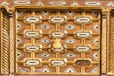 A Spanish walnut 'bargue&ntilde;o' cabinet with red velvet and bronze mounts, 17th C.