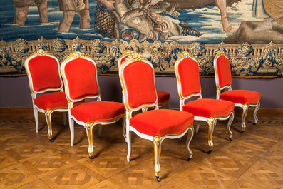 Six partly gilt wooden chairs with red velvet upholstery, 18/19th C.