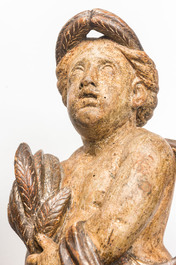 Een paar grote polychrome houten allegorische putti op sokkels, wellicht Itali&euml;, 18e eeuw