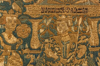 Fragment de broderie en laine en points lanc&eacute;s repr&eacute;sentant 'Salomon et la Reine de Sabba', Flandres ou Angleterre, fin du 16&egrave;me