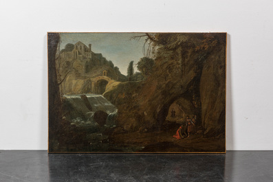 French school: 'Travellers in a landscape', oil on canvas, 17th C.