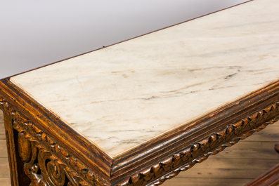 A patinated wooden wall console with marble top, probably Italy, 19th C.