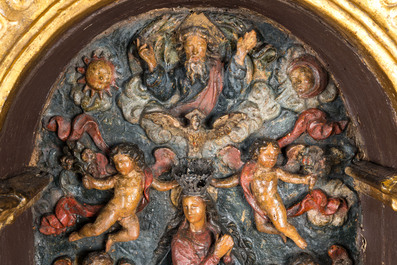 A polychrome and gilt wood oratory with the Coronation of the Virgin amidst cherubs, Italy or Spain, 17th C.