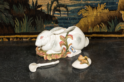 A polychrome Italian faience hare tureen and cover, probably Nove, 19/20th C.