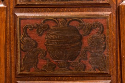 A wooden desk with six drawers with painted panels, 19th C.