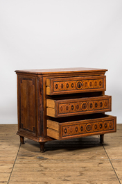 An oak wooden parquetry chest of drawers, ca. 1800