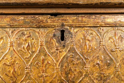 An Italian wooden 'pastiglia' coffer with Fleur-de-lis and rampant lions, Florence, 16th C.