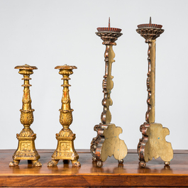 Two pairs of polychromed and gilt wooden candlesticks, France and Italy, 18/19th C.