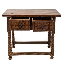 A Spanish walnut table with two drawers, 17th C. with later elements