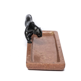 A marble pencil case with a patinated bronze panther, 20th C.