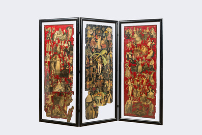 A pair of three-part black lacquered folding screens with collages of historical characters, 19/20th C.